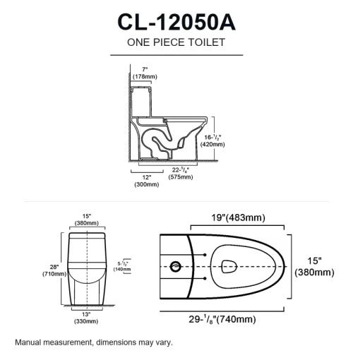 ADA cUPC one-piece toilet CL-12050A dimensions