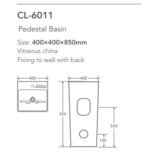 compact pedestal sink CL-6011 dimension line drawing 400 x 400 x 850 mm