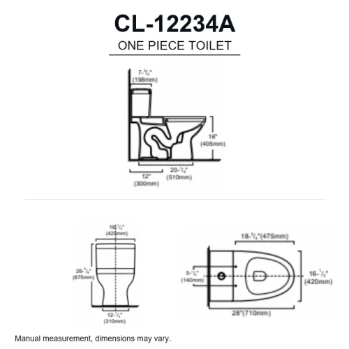 cUPC one-piece toilet CL-12234A dimensions