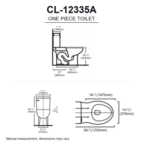 Elongated cUPC toilet CL-12335A dimensions