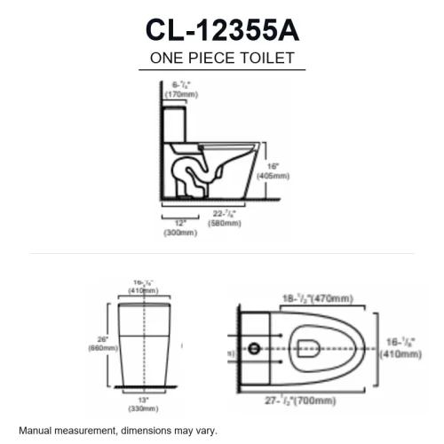 Modern style cUPC toilet CL-12355A dimensions
