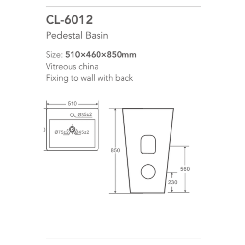 rectangular pedestal sink CL-6012 dimension line drawing 510 x 460 x 850 mm