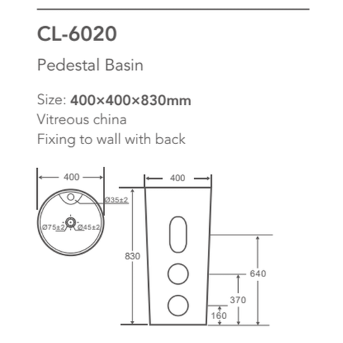 round pedestal sink CL-6020 dimension line drawing 400 x 400 x 830 mm
