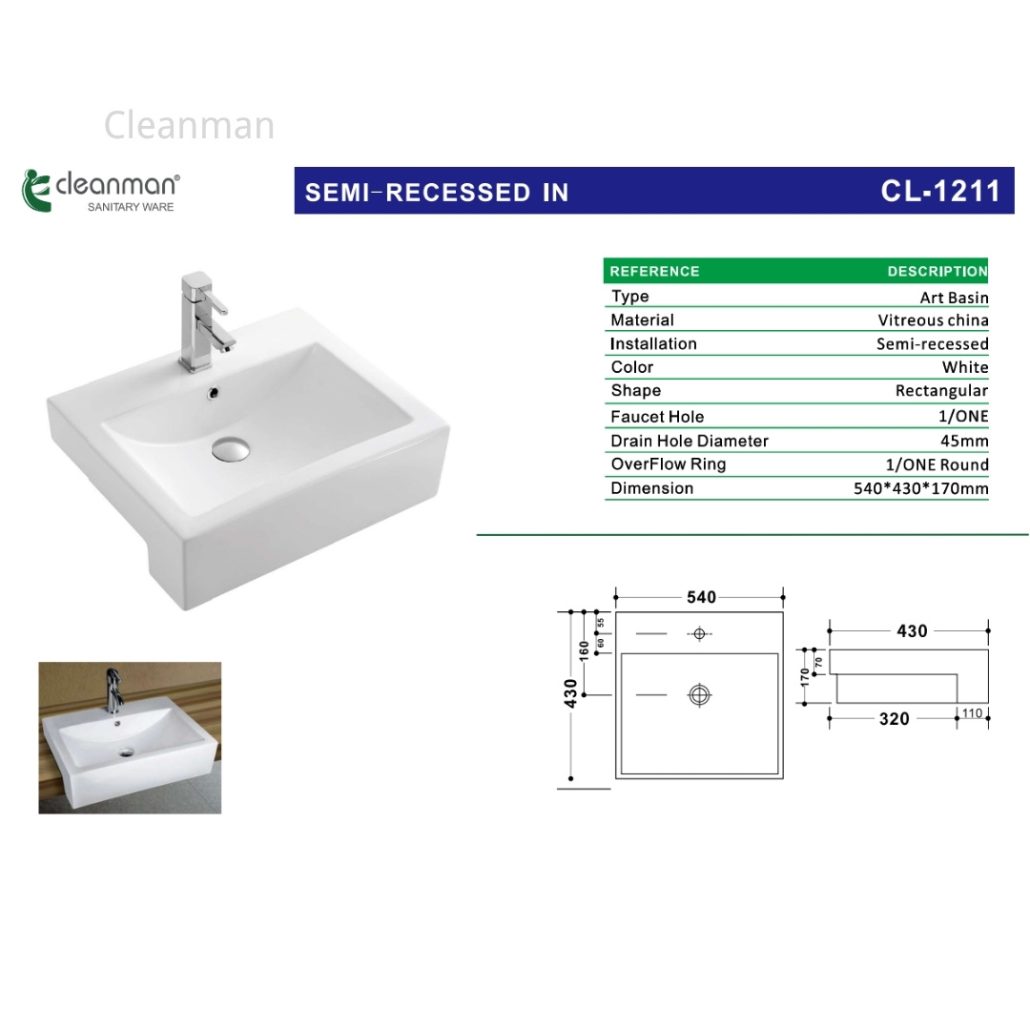 Lavabo semi-encastrado CL-1211 de Cleanman Sanitary Ware