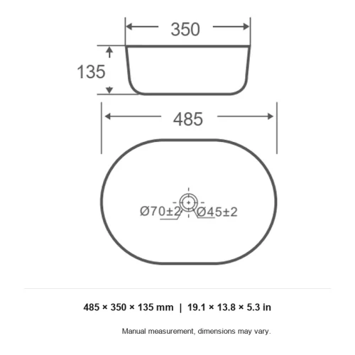 vessel bathroom sink CL-1018-1 dimension line drawing 485 x 350 x 135 mm