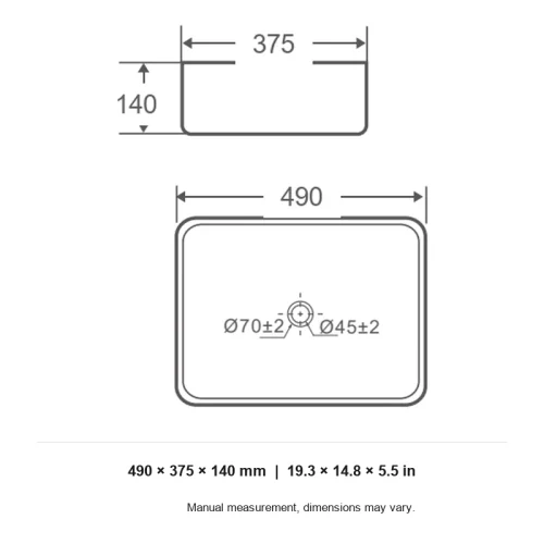 oval wash basin CL-1058 dimension line drawing 490 x 375 x 140 mm