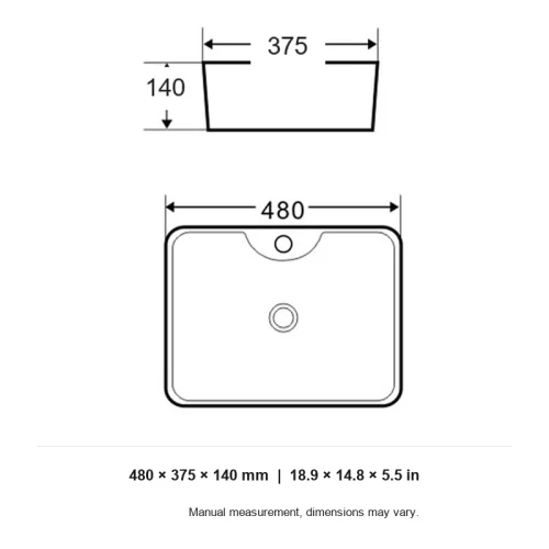 countertop sink CL-1253 dimension line drawing 480 x 375 x 140 mm