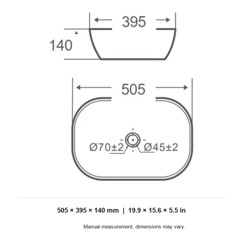 bathroom vessel sink CL-1269-1 dimension line drawing 505 x 395 x 140 mm