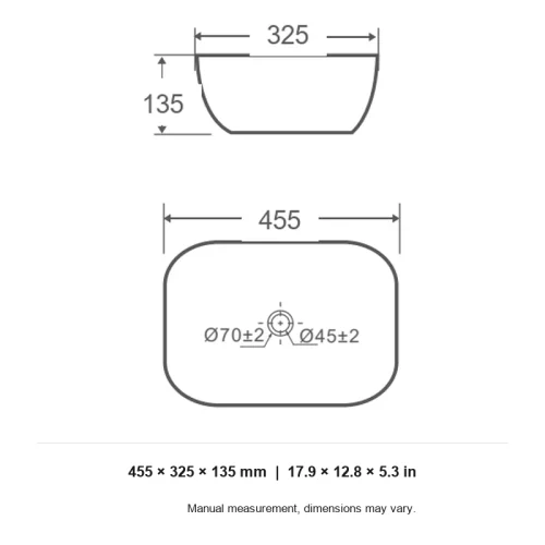 compact vessel sink CL-1269-2 dimension line drawing 455 x 325 x 135 mm
