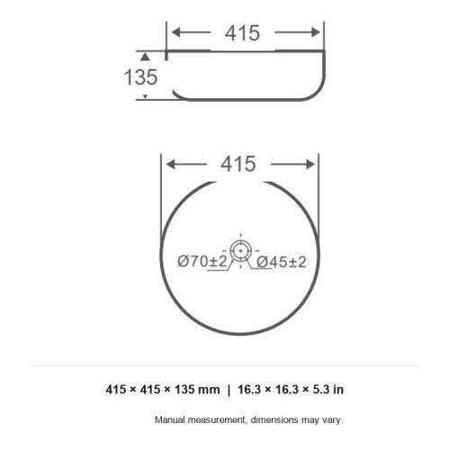 decorative bathroom basin CL-1330 dimension line drawing 415 x 415 x 135 mm