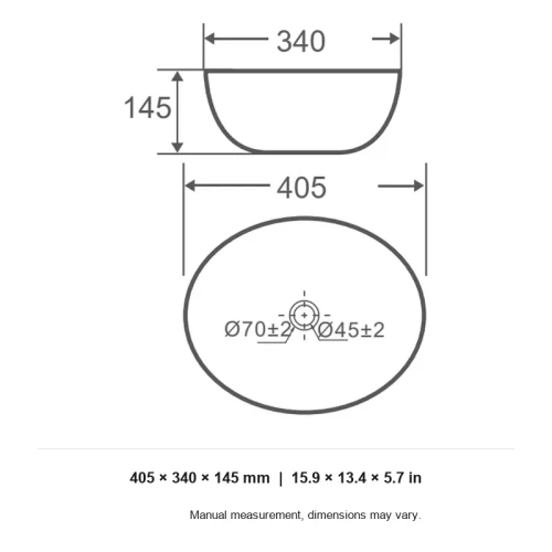 vessel sink CL-1409 dimension line drawing 405 x 340 x 145 mm