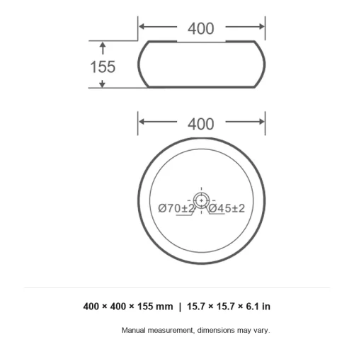 ceramic sink CL-1413 dimension line drawing 400 x 400 x 155 mm