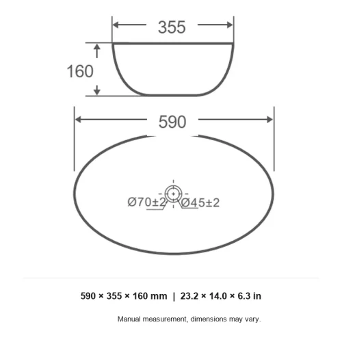 modern bathroom sink CL-1625-1 dimension line drawing 590 x 355 x 160 mm