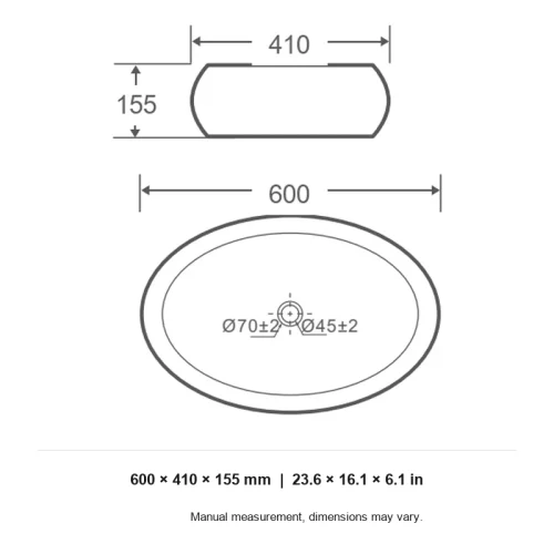 commercial bathroom sinks CL-1678 dimension line drawing 600 x 410 x 155 mm