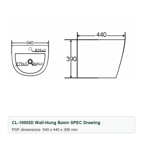 wall hung basin CL-10002D size specification image